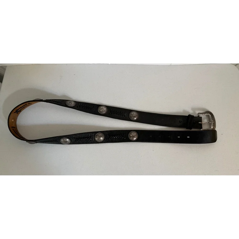 Vintage 1994 Western Black Leather Braided Concho Belt Engraved Buckle Cowboy